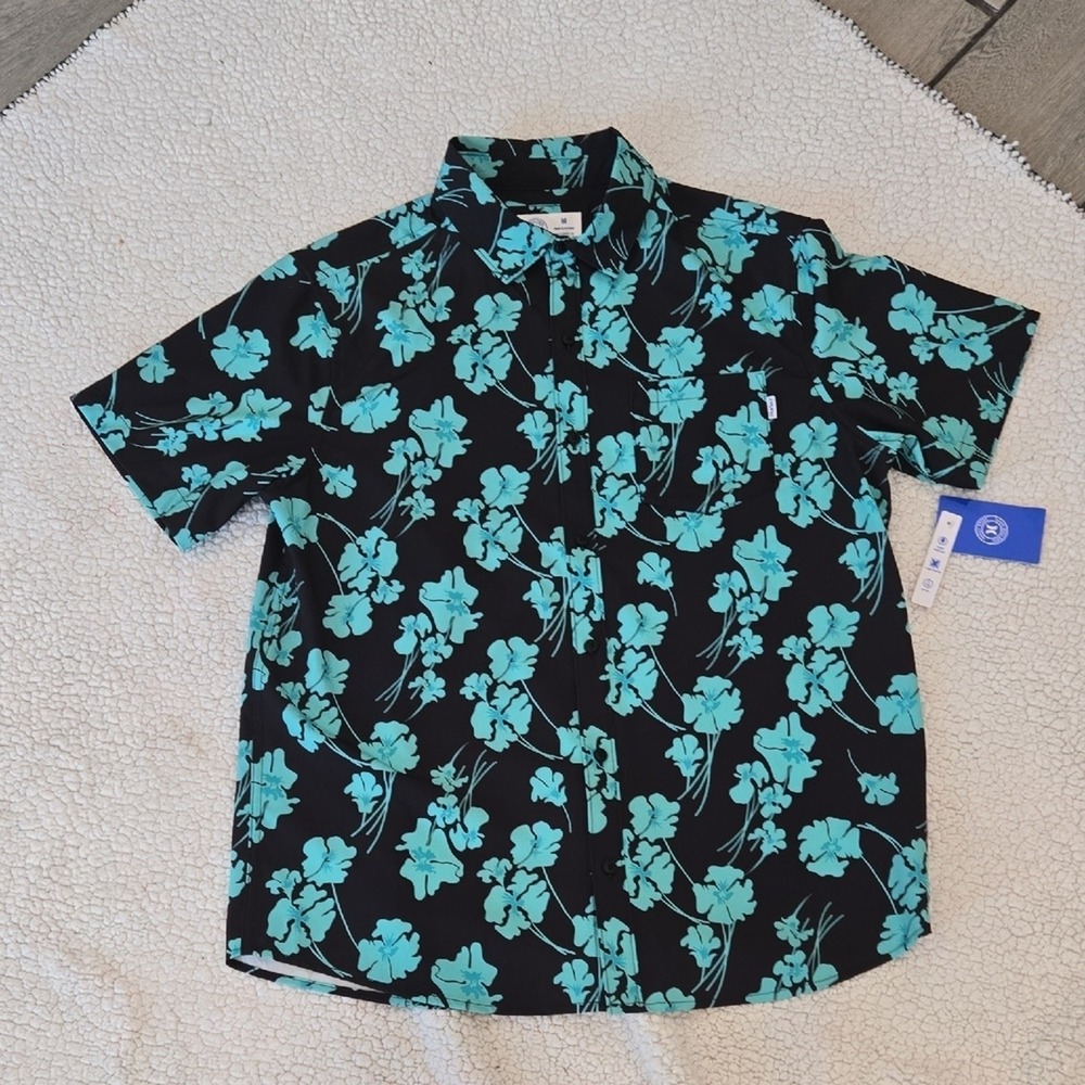Hurley Black and‎ Blue Casual Button Down Shirt with Floral Design-M